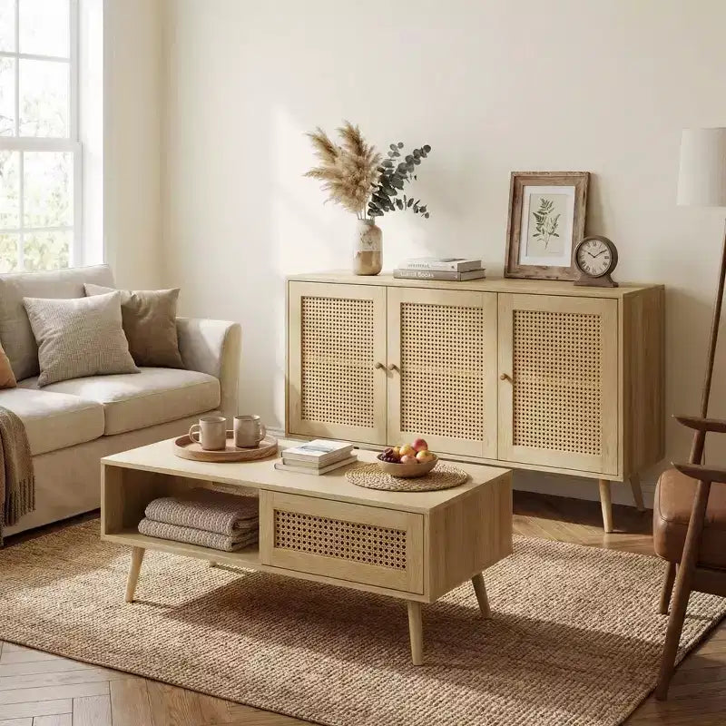 Set di 2 tavolini da salotto, include mobile porta TV in rattan da 47 pollici per TV da 55 pollici, tavolino da caffè rustico con ripiano portaoggetti per camera da letto