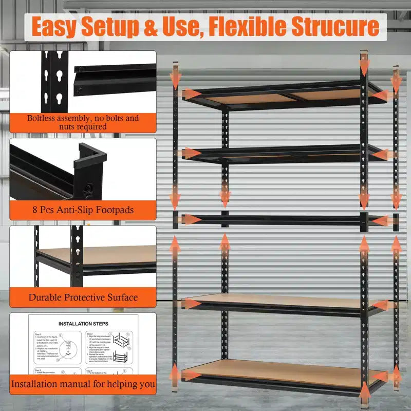 Scaffali per garage, Scaffalature metalliche resistenti regolabili per garage, Scaffalatura regolabile a 5 ripiani, Scaffali metallici multiuso per magazzino