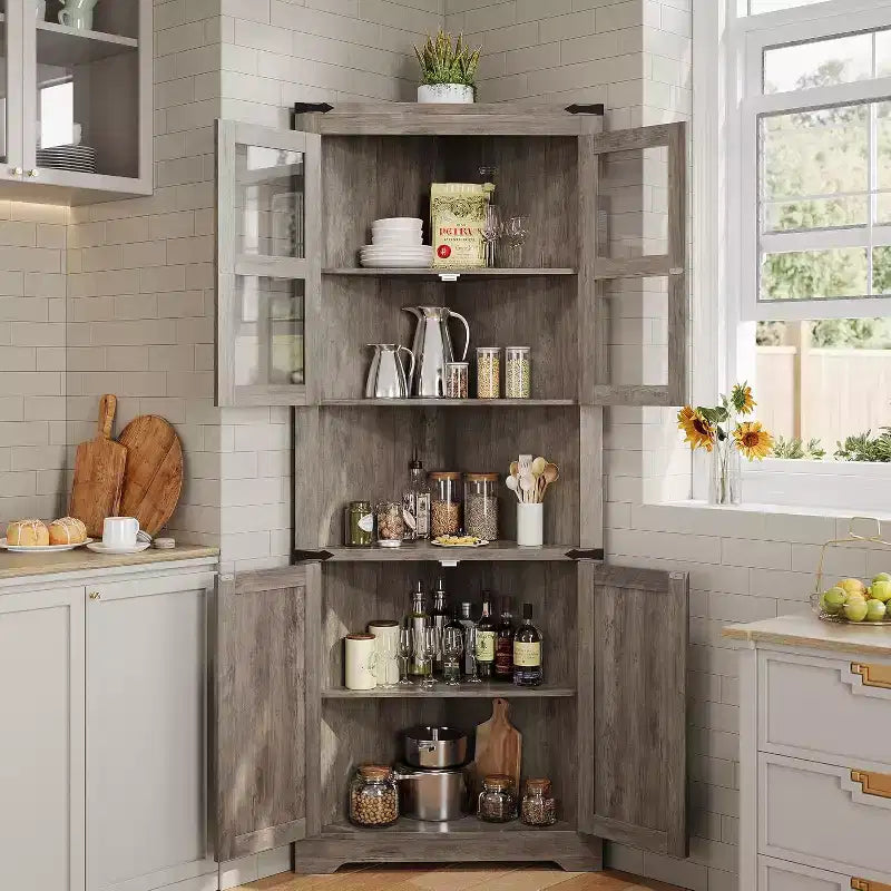 Mobile angolare a 6 ripiani con ante, salvaspazio, da pavimento per bagno, cucina, soggiorno, organizer multiuso per piccoli spazi