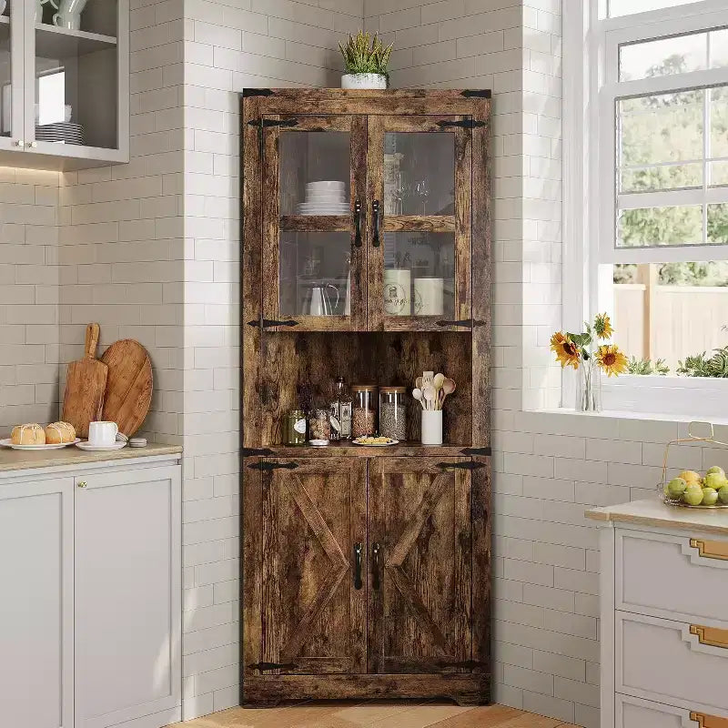 Mobile angolare a 6 ripiani con ante, salvaspazio, da pavimento per bagno, cucina, soggiorno, organizer multiuso per piccoli spazi