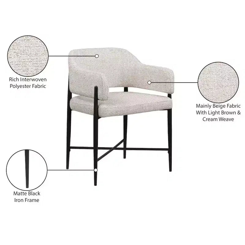 Meridian Furniture Dame, Sedia da Pranzo Imbottita in Tessuto Beige, Set da 2