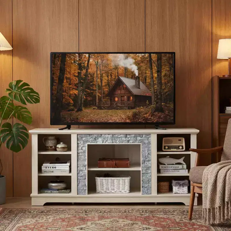 JVNOXK Mantel Stone TV Media Stand with with Faux Stacked Stone Surround, with Open Storage Space,WHITE, 58.31W*15.39D*26.06H