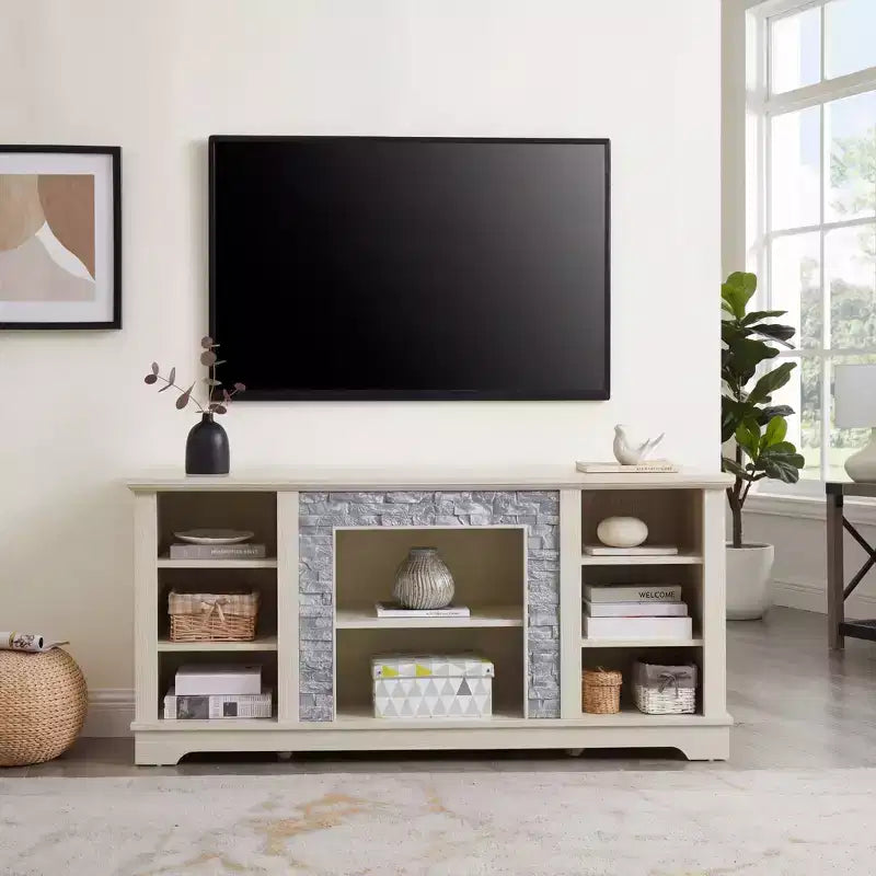 Jvnoxk Mobile TV con camino elettrico in pietra e finto rivestimento in pietra impilata, con spazio di archiviazione aperto, bianco, 58.31w*15.39d*26.06h