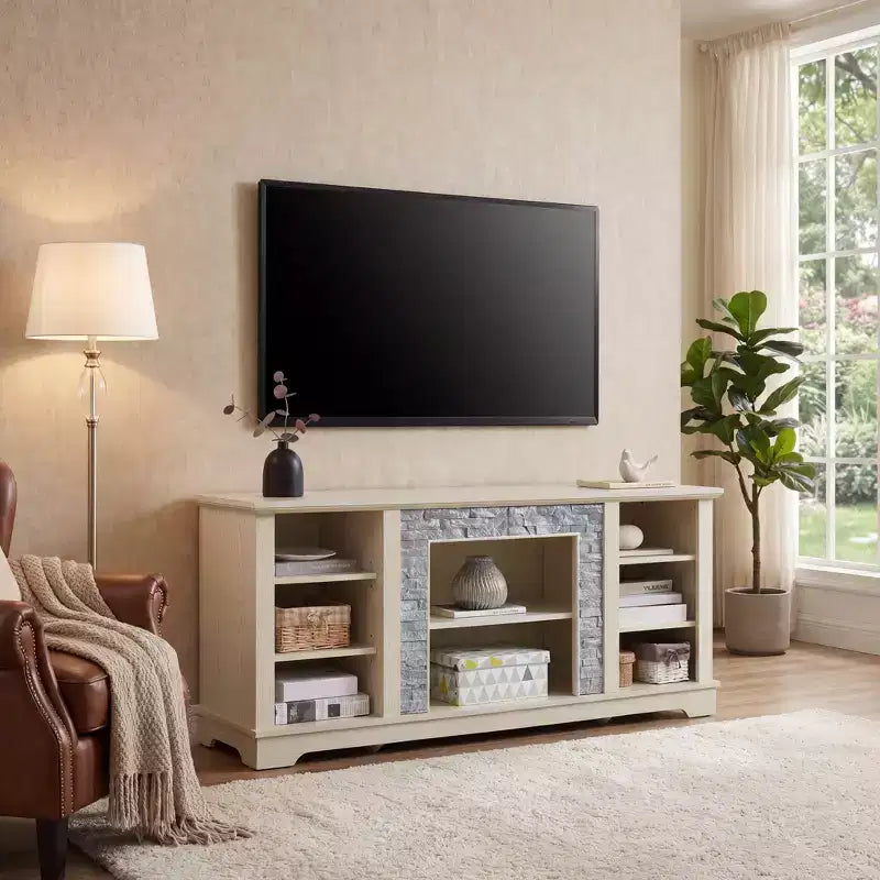 Jvnoxk Mobile TV con camino elettrico in pietra e finto rivestimento in pietra impilata, con spazio di archiviazione aperto, bianco, 58.31w*15.39d*26.06h