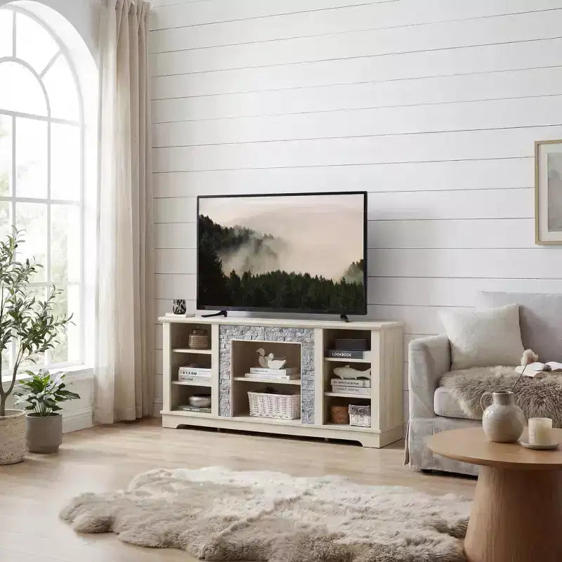 Jvnoxk Mobile TV con camino elettrico in pietra e finto rivestimento in pietra impilata, con spazio di archiviazione aperto, bianco, 58.31w*15.39d*26.06h