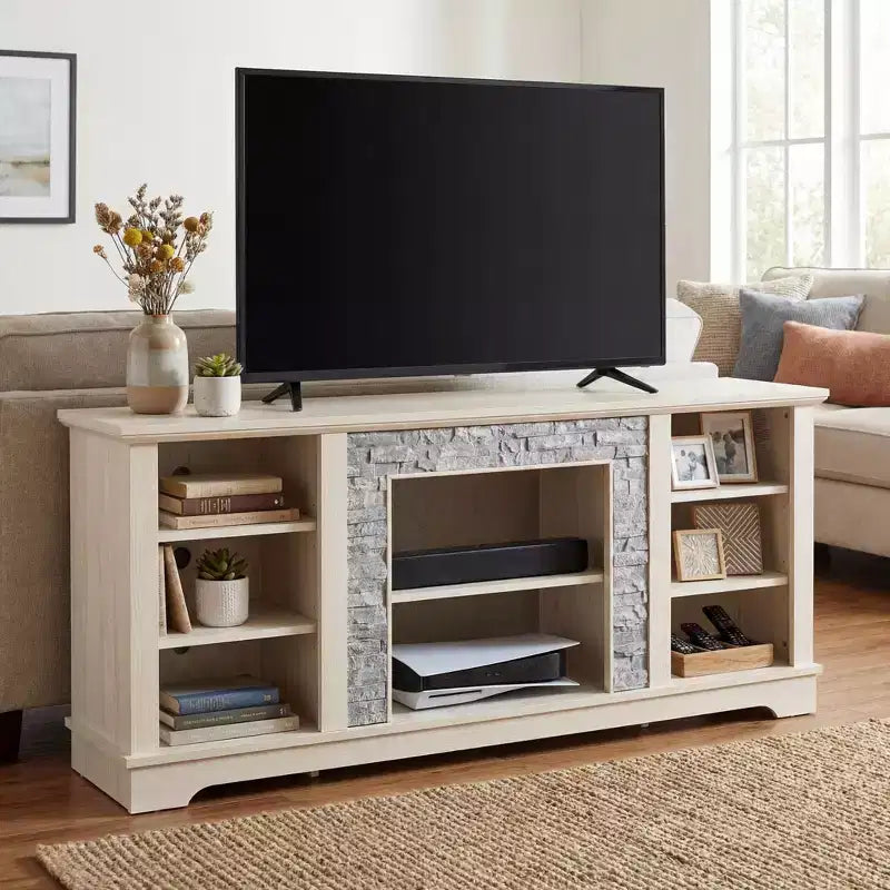 Jvnoxk Mobile TV con camino elettrico in pietra e finto rivestimento in pietra impilata, con spazio di archiviazione aperto, bianco, 58.31w*15.39d*26.06h
