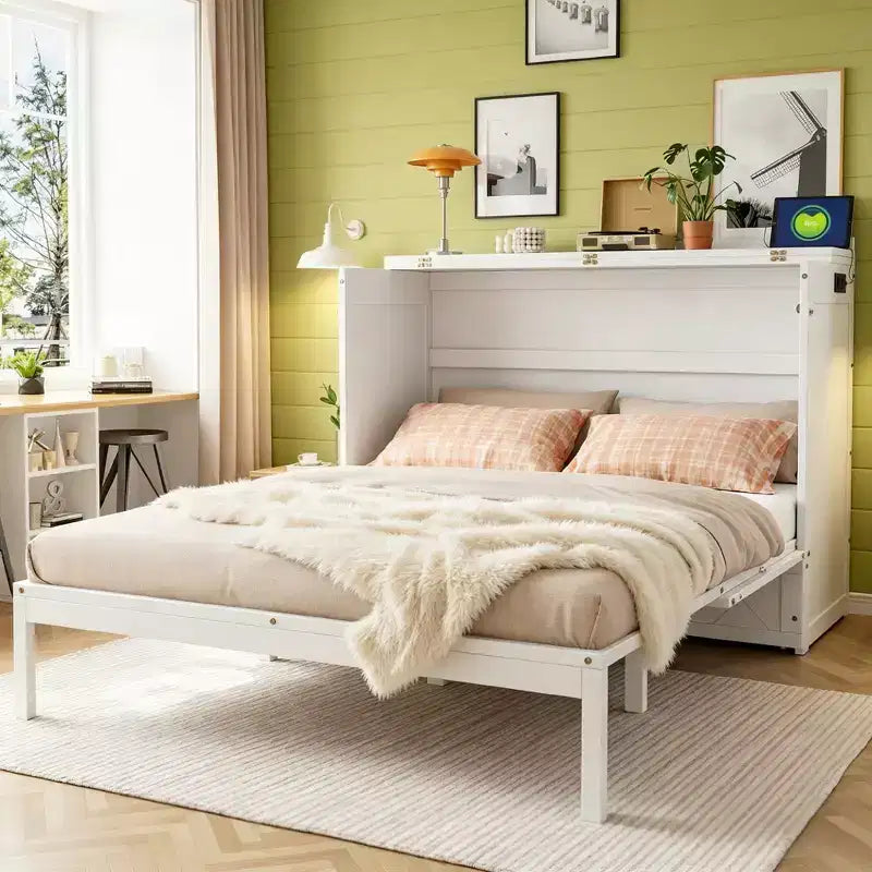 Luxystar Armadio Letto a Scomparsa Moderno Queen con Cassetti, Blocco di Sicurezza e Presa Elettrica