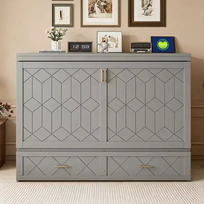 Luxystar Modern Queen Murphy Bed Cabinet With Storage Drawers, Safety Lock and Outlet