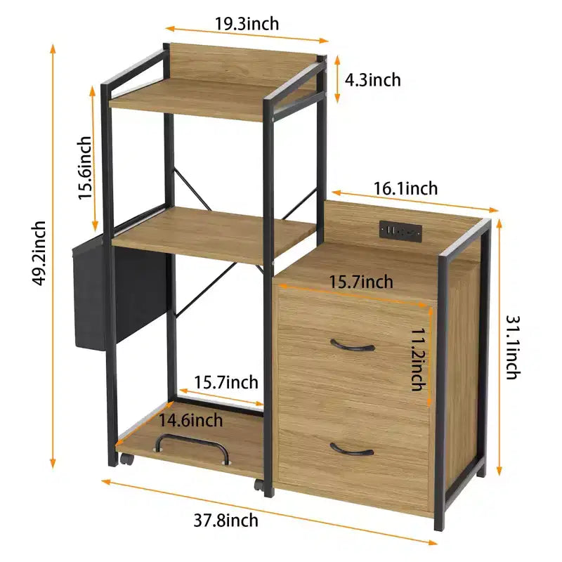 Cassettiera Portadocumenti Mobile a 2 Cassetti con Multipresa Integrata, Supporto per Stampante Grande per Ufficio Domestico, Adatto per Formato Letter/A4, Contenitore Utilità con Scaffale Aperto
