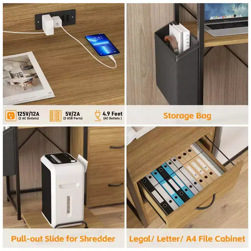 Cassettiera Portadocumenti Mobile a 2 Cassetti con Multipresa Integrata, Supporto per Stampante Grande per Ufficio Domestico, Adatto per Formato Letter/A4, Contenitore Utilità con Scaffale Aperto