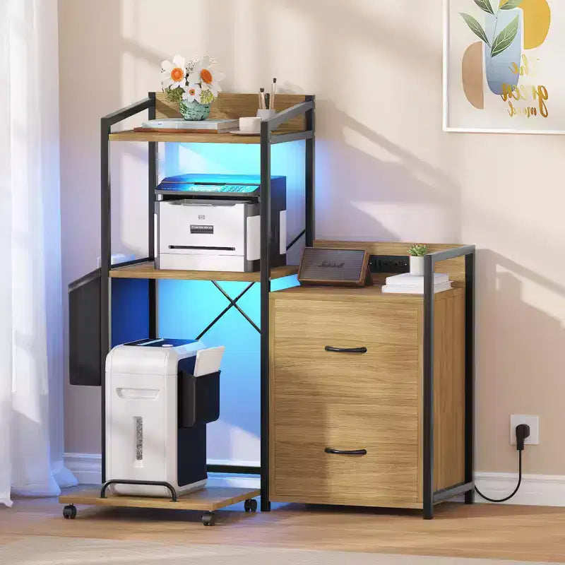 Cassettiera Portadocumenti Mobile a 2 Cassetti con Multipresa Integrata, Supporto per Stampante Grande per Ufficio Domestico, Adatto per Formato Letter/A4, Contenitore Utilità con Scaffale Aperto