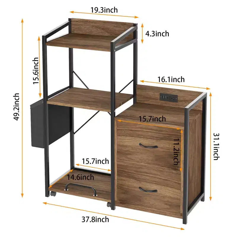 Cassettiera Portadocumenti Mobile a 2 Cassetti con Multipresa Integrata, Supporto per Stampante Grande per Ufficio Domestico, Adatto per Formato Letter/A4, Contenitore Utilità con Scaffale Aperto
