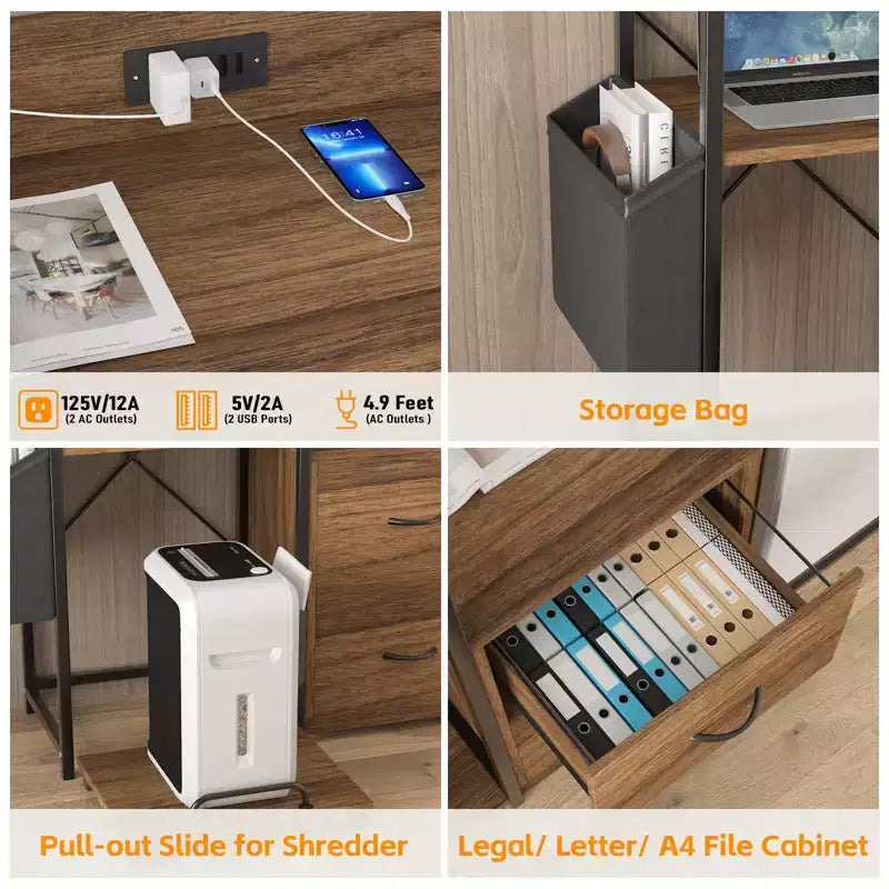 Cassettiera Portadocumenti Mobile a 2 Cassetti con Multipresa Integrata, Supporto per Stampante Grande per Ufficio Domestico, Adatto per Formato Letter/A4, Contenitore Utilità con Scaffale Aperto