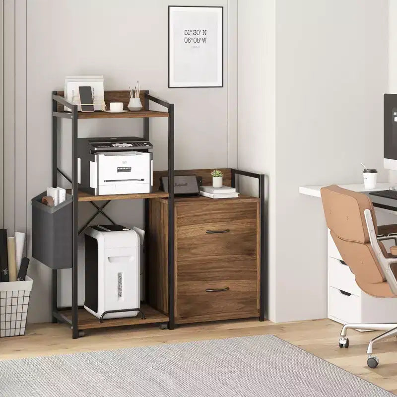Cassettiera Portadocumenti Mobile a 2 Cassetti con Multipresa Integrata, Supporto per Stampante Grande per Ufficio Domestico, Adatto per Formato Letter/A4, Contenitore Utilità con Scaffale Aperto