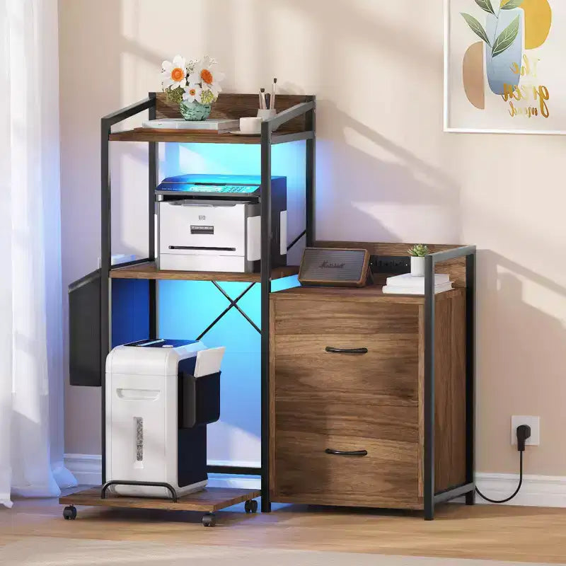 Cassettiera Portadocumenti Mobile a 2 Cassetti con Multipresa Integrata, Supporto per Stampante Grande per Ufficio Domestico, Adatto per Formato Letter/A4, Contenitore Utilità con Scaffale Aperto
