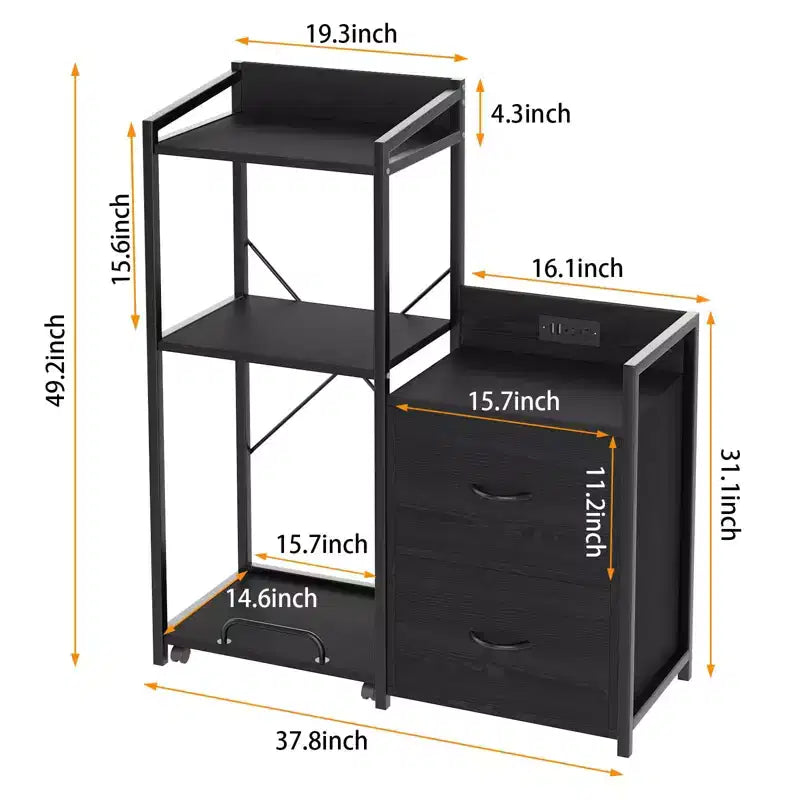 Cassettiera Portadocumenti Mobile a 2 Cassetti con Multipresa Integrata, Supporto per Stampante Grande per Ufficio Domestico, Adatto per Formato Letter/A4, Contenitore Utilità con Scaffale Aperto