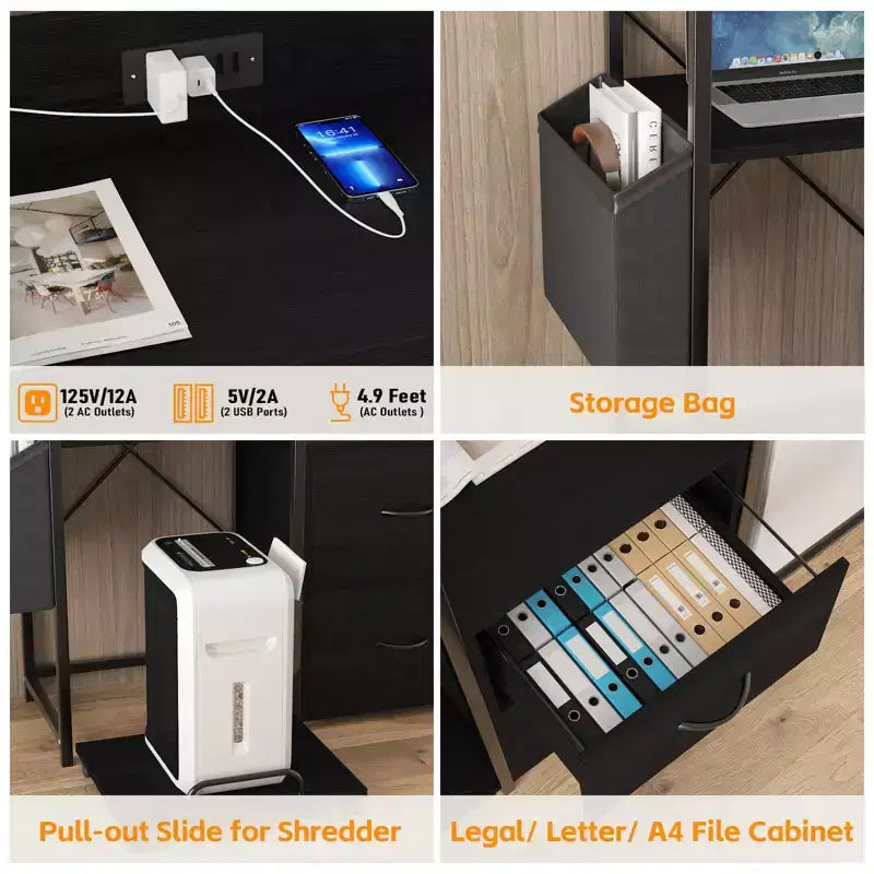Cassettiera Portadocumenti Mobile a 2 Cassetti con Multipresa Integrata, Supporto per Stampante Grande per Ufficio Domestico, Adatto per Formato Letter/A4, Contenitore Utilità con Scaffale Aperto