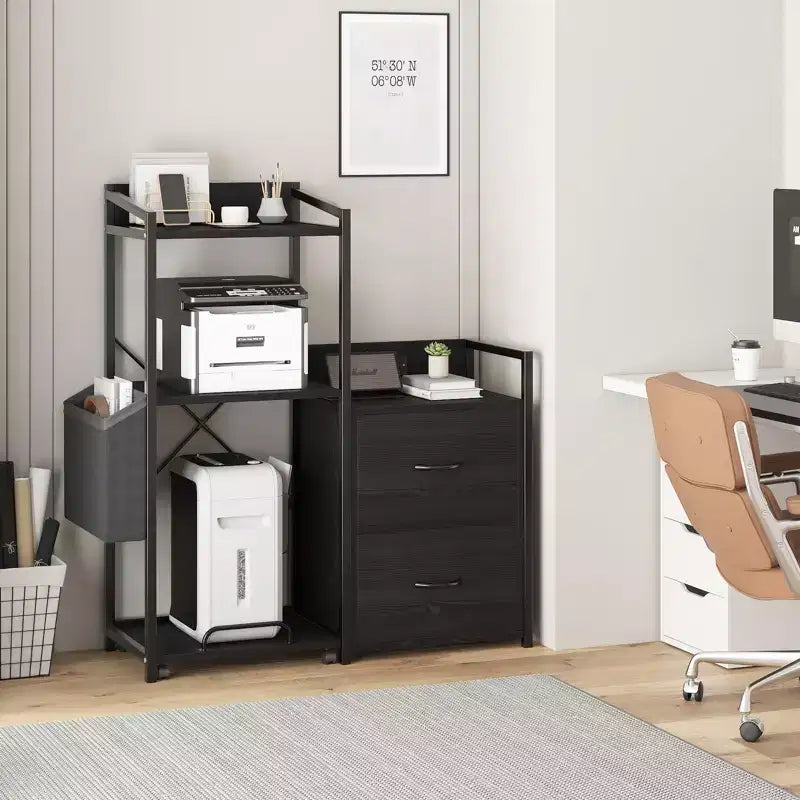 Cassettiera Portadocumenti Mobile a 2 Cassetti con Multipresa Integrata, Supporto per Stampante Grande per Ufficio Domestico, Adatto per Formato Letter/A4, Contenitore Utilità con Scaffale Aperto