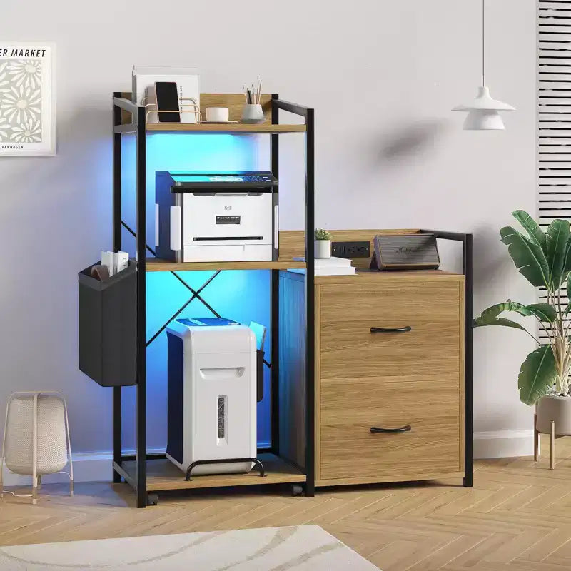 Cassettiera Portadocumenti Mobile a 2 Cassetti con Multipresa Integrata, Supporto per Stampante Grande per Ufficio Domestico, Adatto per Formato Letter/A4, Contenitore Utilità con Scaffale Aperto