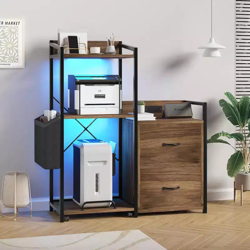 Cassettiera Portadocumenti Mobile a 2 Cassetti con Multipresa Integrata, Supporto per Stampante Grande per Ufficio Domestico, Adatto per Formato Letter/A4, Contenitore Utilità con Scaffale Aperto