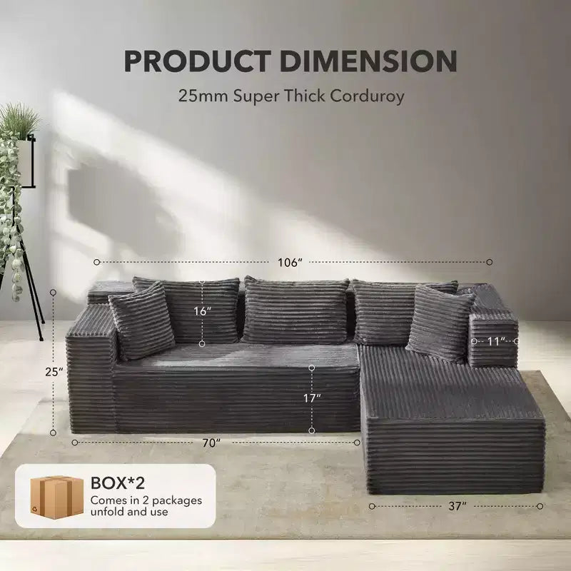 Sunnyfurn Divano Sezionale Modulare a L Moderno 106, Divano Cloud Oversize con Seduta Profonda in Morbido Velluto a Coste, Design Minimalista, Comodo e Morbido
