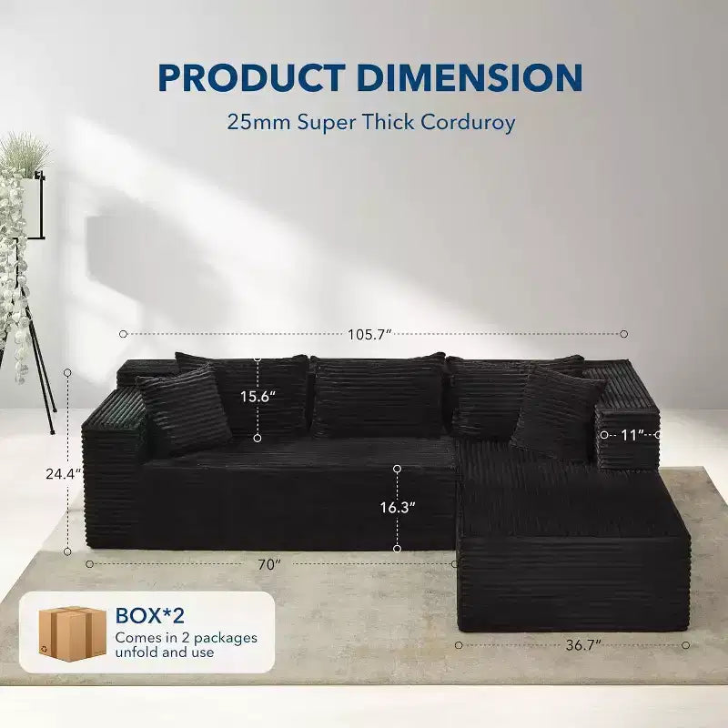 Sunnyfurn Divano Sezionale Modulare a L Moderno 106, Divano Cloud Oversize con Seduta Profonda in Morbido Velluto a Coste, Design Minimalista, Comodo e Morbido