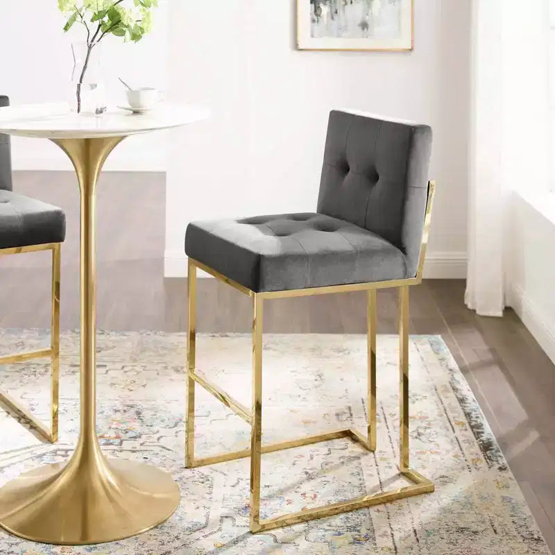 Sgabello da bar in velluto performance Privy in acciaio inossidabile oro/antracite - Modway: Seduta quadrata imbottita, design moderno, altezza fissa