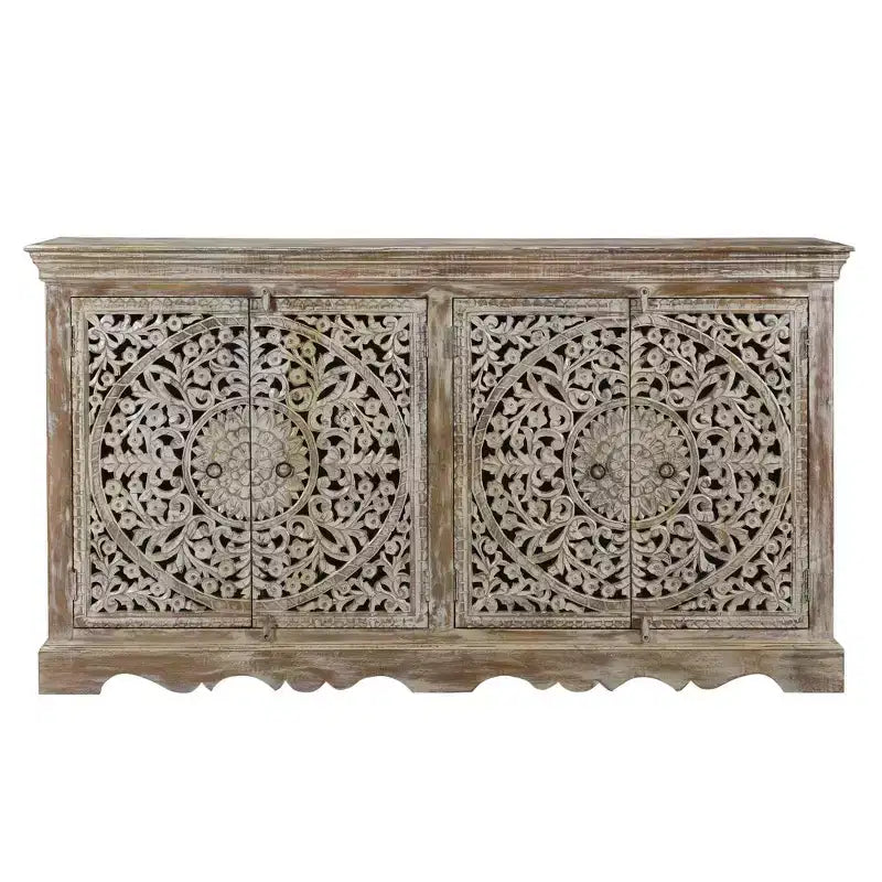 Credenza in legno intagliato a 4 ante marrone - : Mobile contenitore rustico, nessun montaggio richiesto