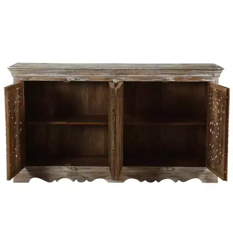 Credenza in legno intagliato a 4 ante marrone - : Mobile contenitore rustico, nessun montaggio richiesto