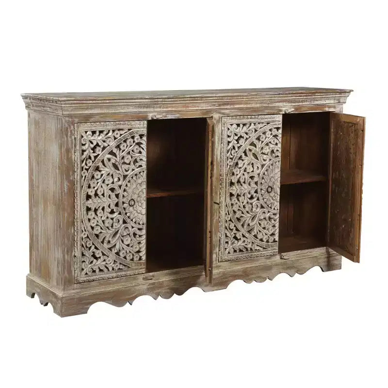 Credenza in legno intagliato a 4 ante marrone - : Mobile contenitore rustico, nessun montaggio richiesto
