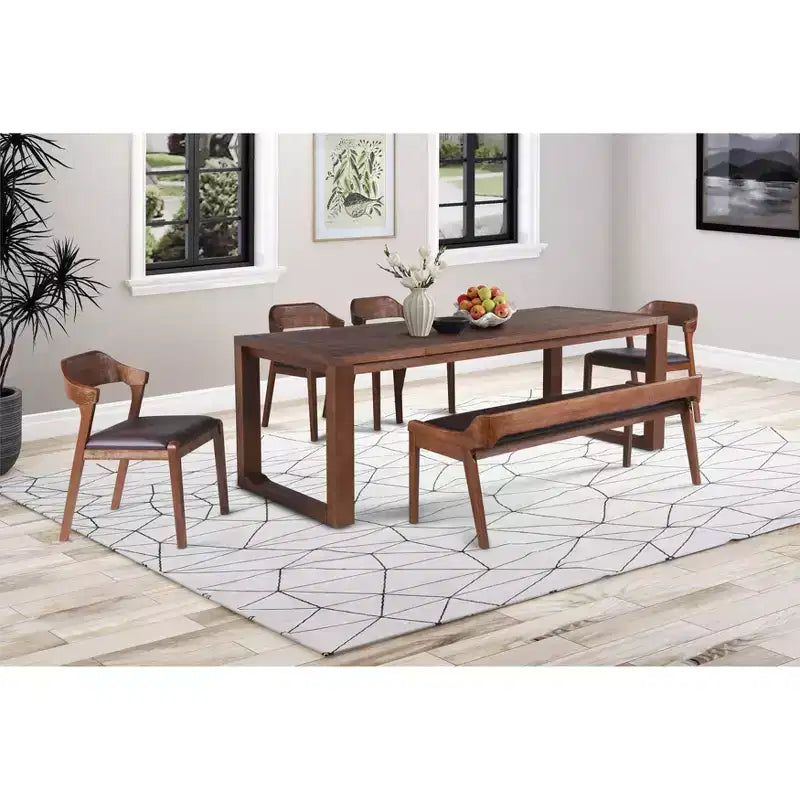 Set da pranzo allungabile Rasmus 6 pz Castagno - Boraam: Legno di acacia, sedie in similpelle, panca inclusa