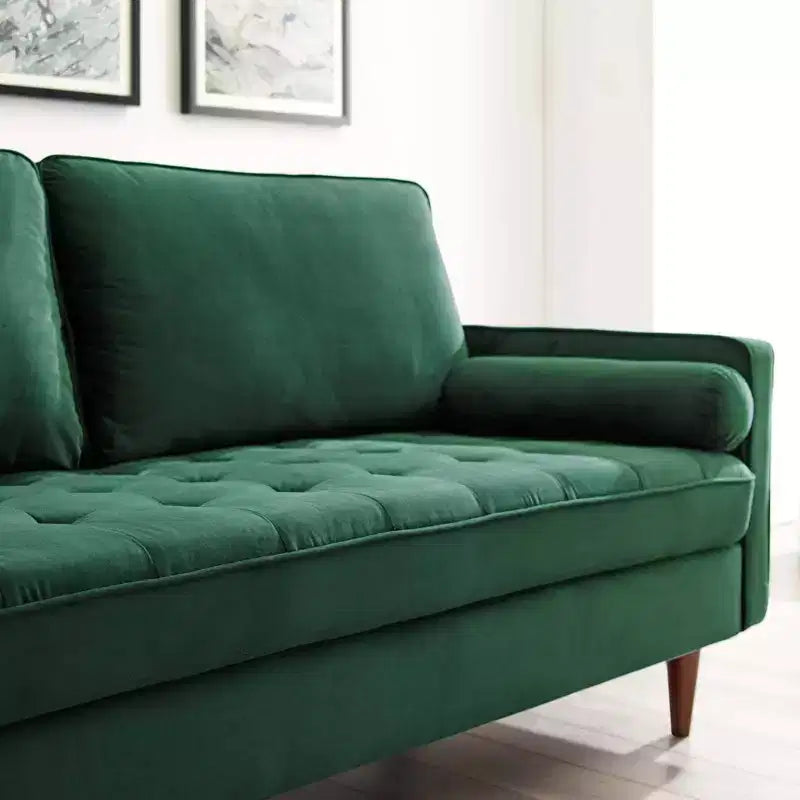 Divano in Velluto Valour Performance Verde - Modway: Design Trapuntato di Metà Secolo, Gambe Tinte Noce, Capacità 400 kg