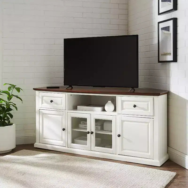Mobile Porta TV ad Angolo Shelby per TV fino a 65" Bianco - Crosley: Ante in Vetro Smussato, Vano Contenitore Multimediale, Gestione Cavi