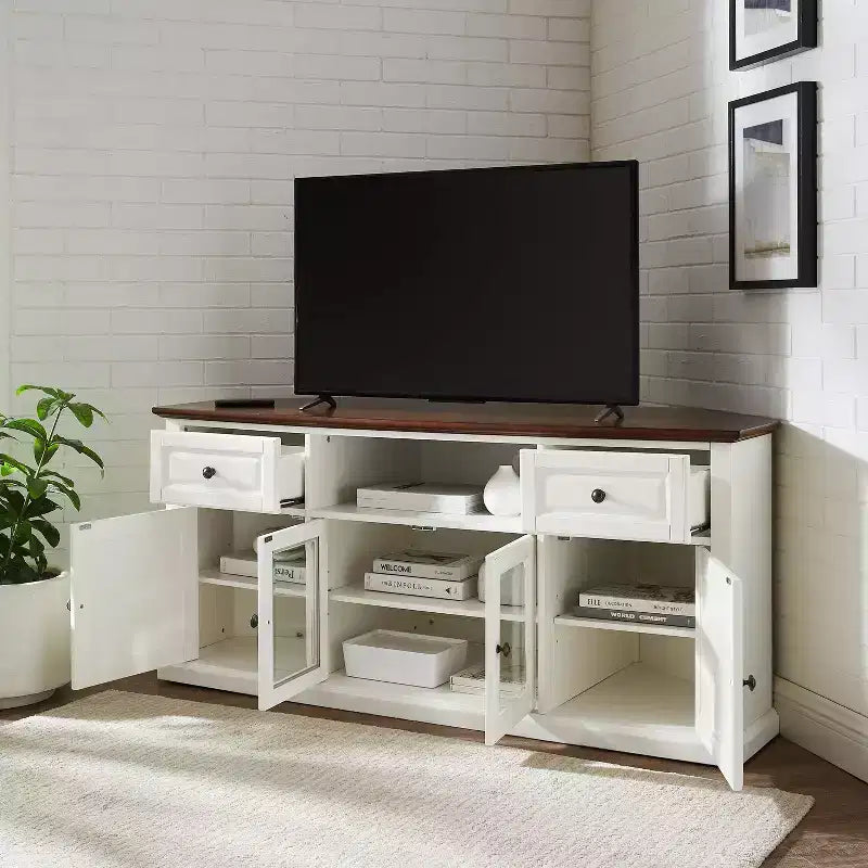 Mobile Porta TV ad Angolo Shelby per TV fino a 65" Bianco - Crosley: Ante in Vetro Smussato, Vano Contenitore Multimediale, Gestione Cavi