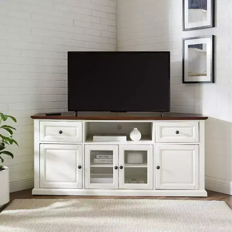 Mobile Porta TV ad Angolo Shelby per TV fino a 65" Bianco - Crosley: Ante in Vetro Smussato, Vano Contenitore Multimediale, Gestione Cavi