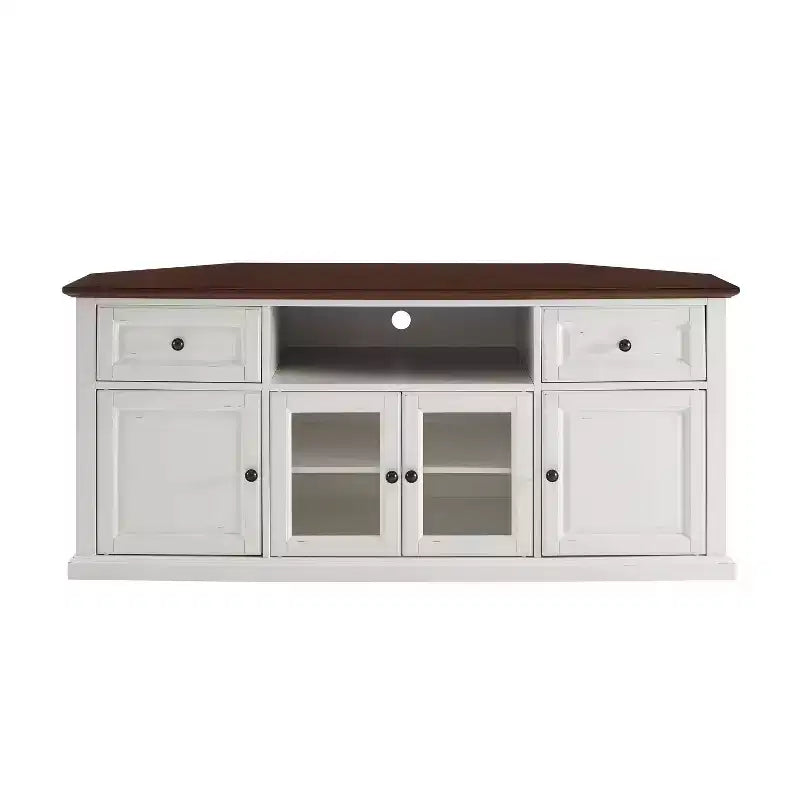 Mobile Porta TV ad Angolo Shelby per TV fino a 65" Bianco - Crosley: Ante in Vetro Smussato, Vano Contenitore Multimediale, Gestione Cavi