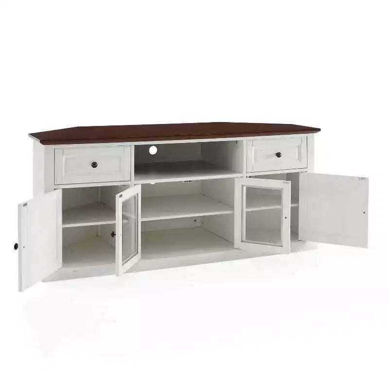 Mobile Porta TV ad Angolo Shelby per TV fino a 65" Bianco - Crosley: Ante in Vetro Smussato, Vano Contenitore Multimediale, Gestione Cavi