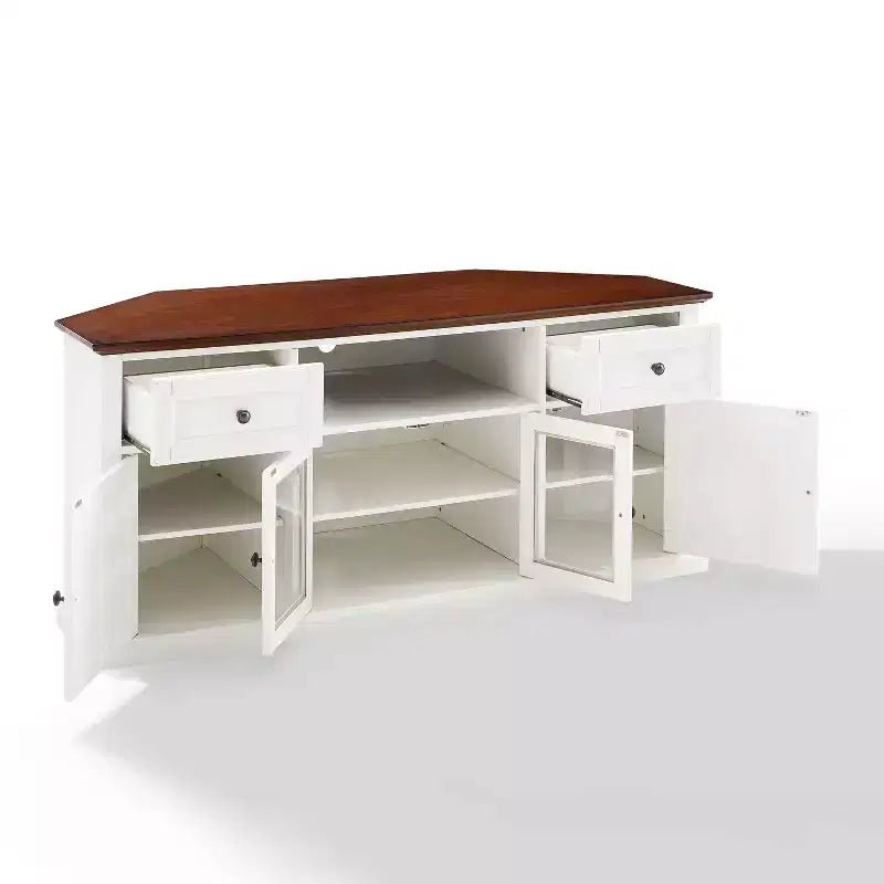 Mobile Porta TV ad Angolo Shelby per TV fino a 65" Bianco - Crosley: Ante in Vetro Smussato, Vano Contenitore Multimediale, Gestione Cavi