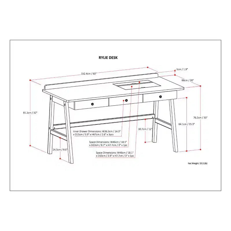 Scrivania Lisa da 60" Marrone Invecchiato Naturale - : Design Contemporaneo, Porta USB, 3 Cassetti, Ferramenta in Bronzo