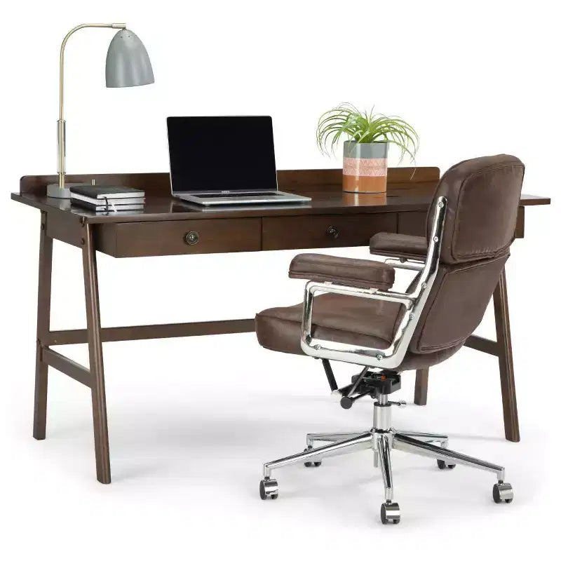 Scrivania Lisa da 60" Marrone Invecchiato Naturale - : Design Contemporaneo, Porta USB, 3 Cassetti, Ferramenta in Bronzo