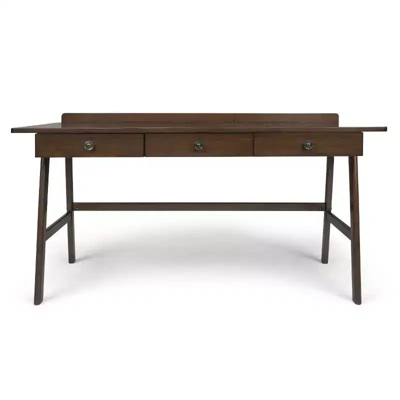 Scrivania Lisa da 60" Marrone Invecchiato Naturale - : Design Contemporaneo, Porta USB, 3 Cassetti, Ferramenta in Bronzo