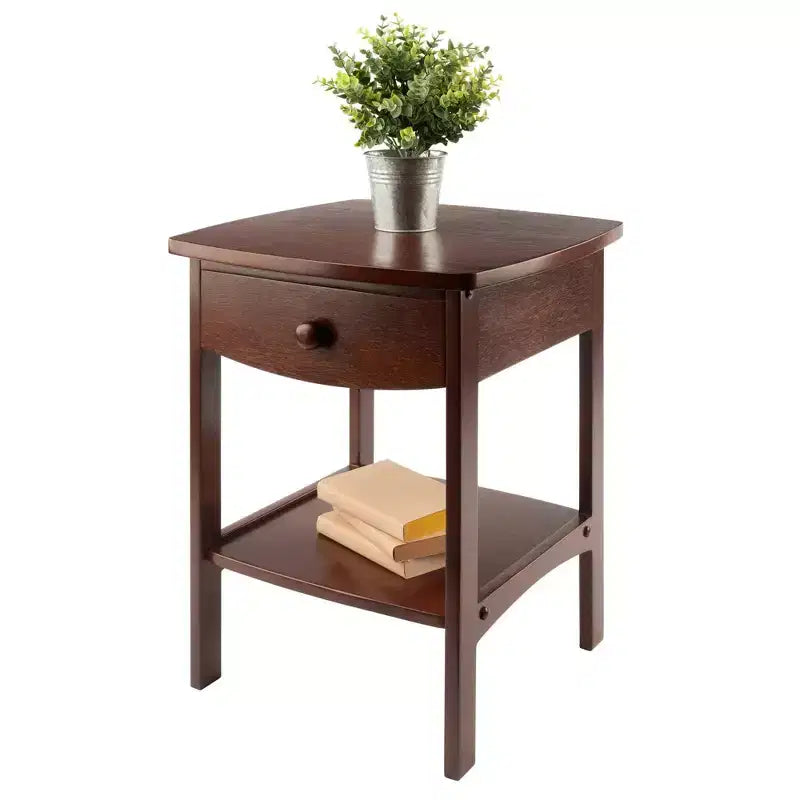 Winsome End Table Noce: Telaio in legno massello, piano in MDF, tavolino rettangolare con ripiano e cassetto