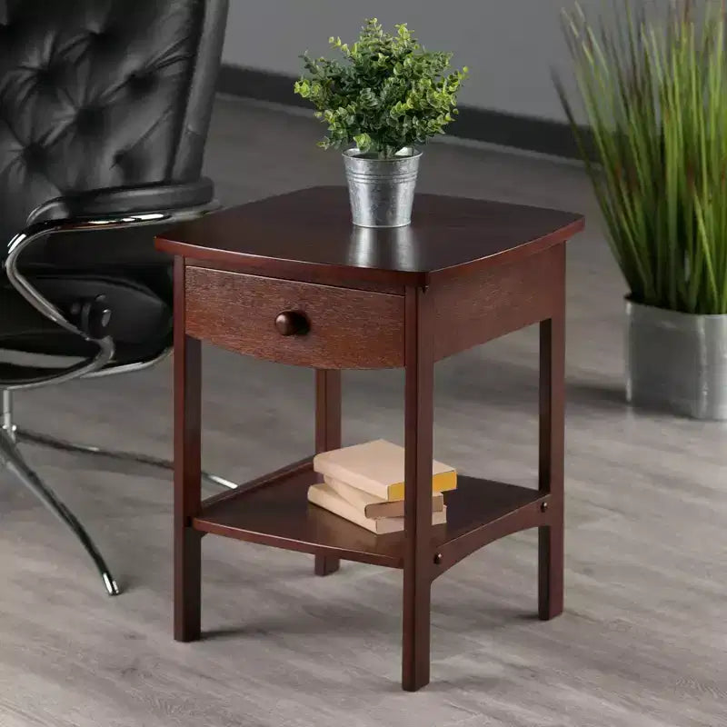 Winsome End Table Noce: Telaio in legno massello, piano in MDF, tavolino rettangolare con ripiano e cassetto
