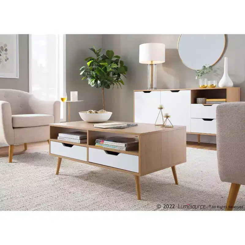 Tavolino da Salotto: Rettangolare Moderno Bianco con Cassetti e Ripiani, Struttura in Composito di Legno, Mobili da Salotto