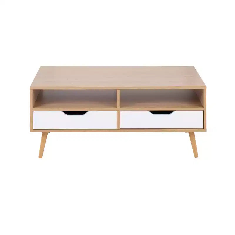 Tavolino da Salotto: Rettangolare Moderno Bianco con Cassetti e Ripiani, Struttura in Composito di Legno, Mobili da Salotto