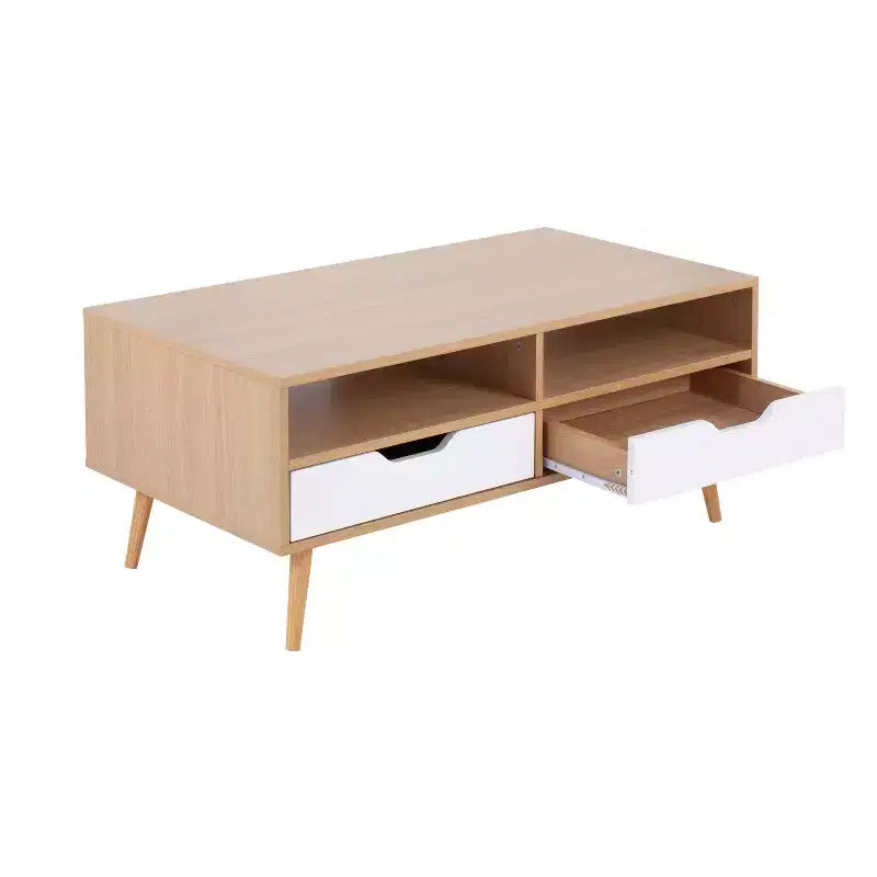 Tavolino da Salotto: Rettangolare Moderno Bianco con Cassetti e Ripiani, Struttura in Composito di Legno, Mobili da Salotto