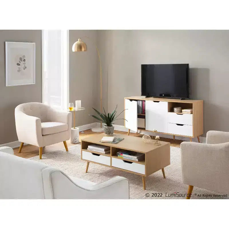 Tavolino da Salotto: Rettangolare Moderno Bianco con Cassetti e Ripiani, Struttura in Composito di Legno, Mobili da Salotto