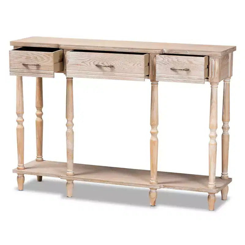 Hallan Wood Consolle 3 Cassetti Rovere Marrone - Baxton Studio: Sbiancato, Maniglie color Oro Antico, Ripiano Inferiore