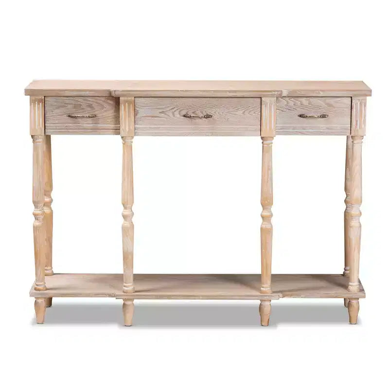 Hallan Wood Consolle 3 Cassetti Rovere Marrone - Baxton Studio: Sbiancato, Maniglie color Oro Antico, Ripiano Inferiore