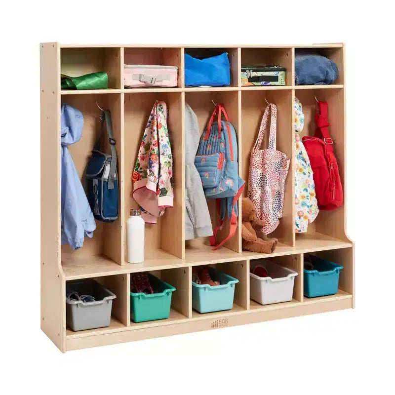 Ecr4kids Armadietto a 5 Scomparti con Panca e 5 Cesti Contenitori a Coda di Rondine, Mobili per Bambini